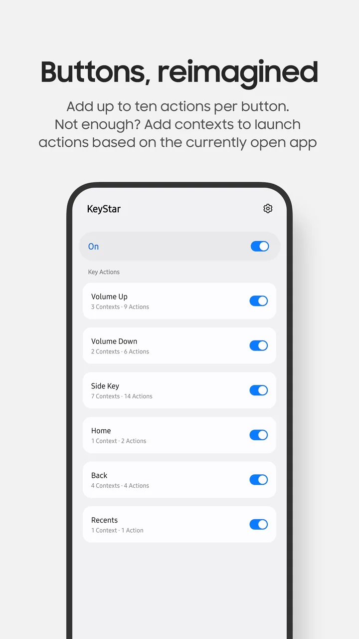 KeyStar button list with Volume Up, Volume Down, Side Key, Home, Back, and Recents