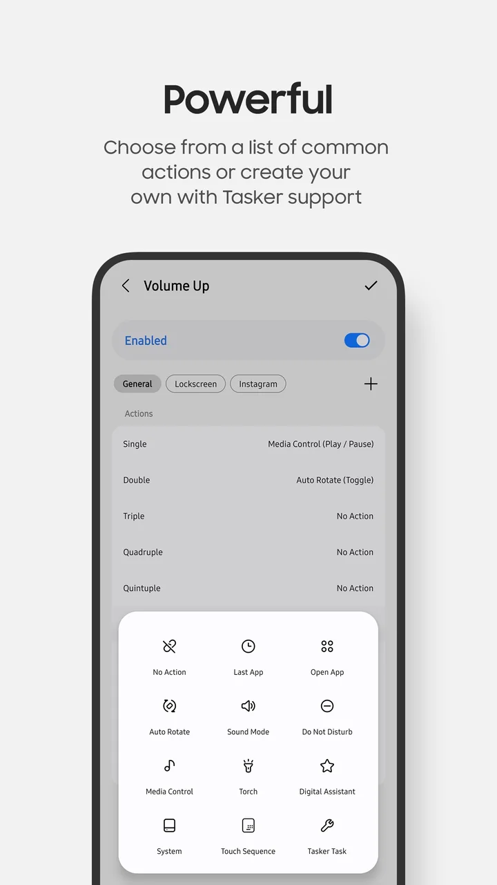 KeyStar Volume Up configuration and action picker with media, torch, system, and Tasker actions