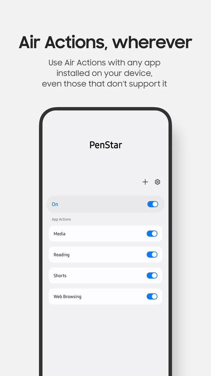 PenStar App Actions list with Media, Reading, Shorts, and Web Browsing collections