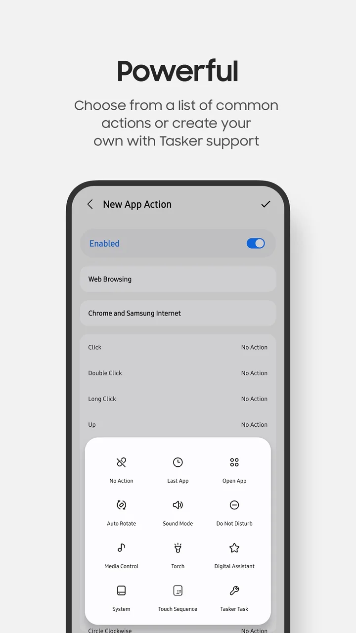 PenStar App Action editor with a name, selected apps, gesture slots, and action picker